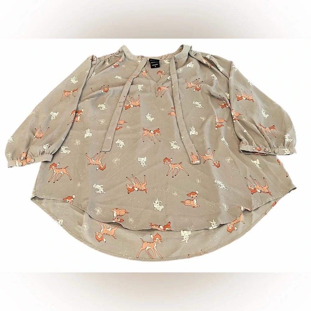 Torrid Plus Size 2 Disney Bambi Thumper Georgette Secretary Tie Peasant Blouse - Picture 2 of 9